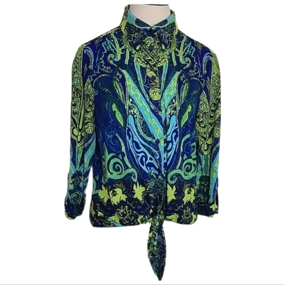 Nygard Shirt Paisley Abstract Button Down Tie Front Long Sleeve Blue Size PM - Picture 4 of 13